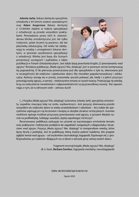 Okładka tylna ksiązki: „Wada zgryzu? Nie, dziękuję. Rozgryźć wady zgryzu. Poradnik dla rodziców i nie tylko”